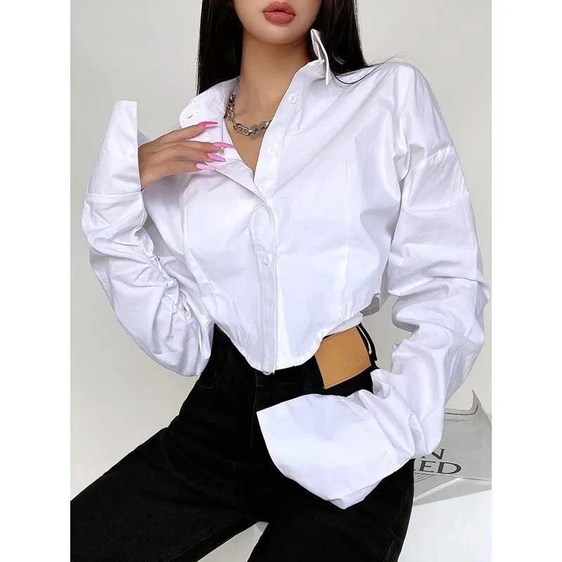 Zadily Summer 2025 Korean Style Long Sleeve White Shirt Sexy Button Detail Crop Top Women's Streetwear Blouse Female Clothing