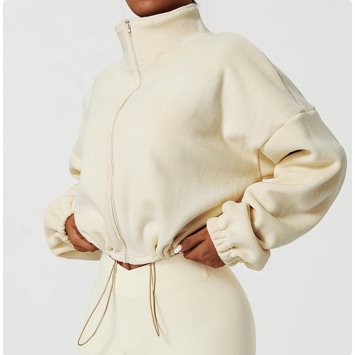 Women's Polar Fleece Zip Hoodie Athletic Loose Fit Crop Top w/ Stand Collar, Thumb Holes & Drawstring Hem for Fall Winter