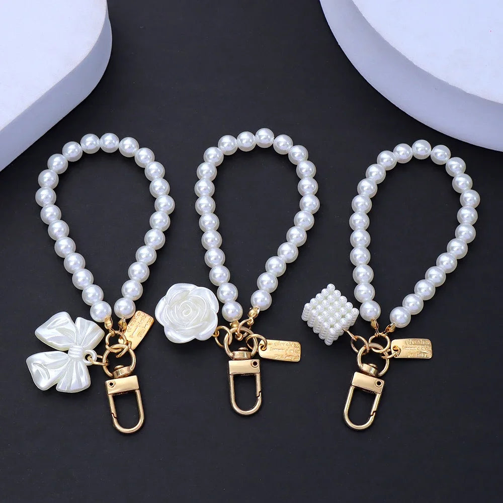 Lovely Beaded Bowknot Keychains Elegant Pearl Chain Pendant Women Bag Charms Hanging Ornament DIY Headphone Case Accessories