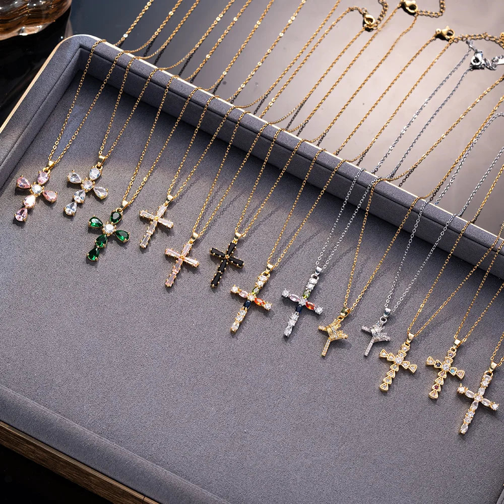Cool Luxury Shiny Zircon Cross Pendant Necklaces for Women Men Fashion Stainless Steel Chains Collar Jewelry Accessories Gift