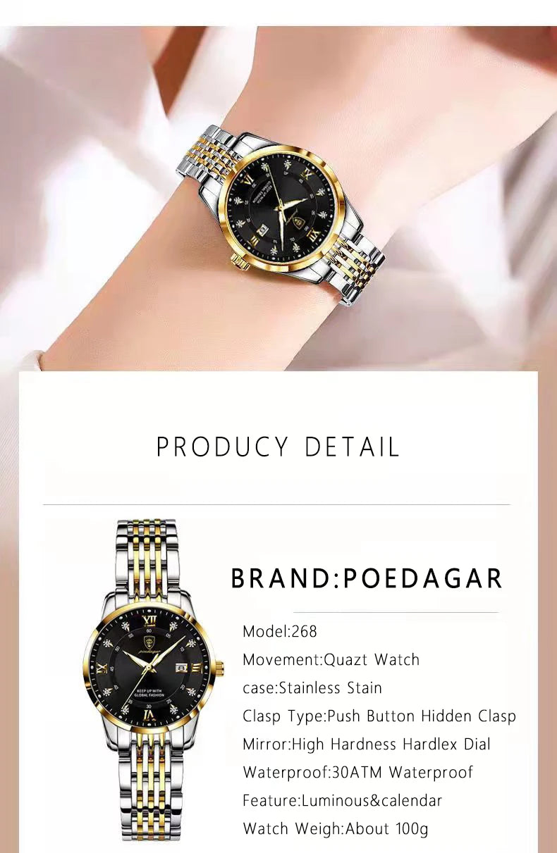 POEDAGAR Women Watches Luxury Fashion Ladies Quartz Watch Waterproof Luminous Date Stainless Stain Wristwatch Girlfriend Gift