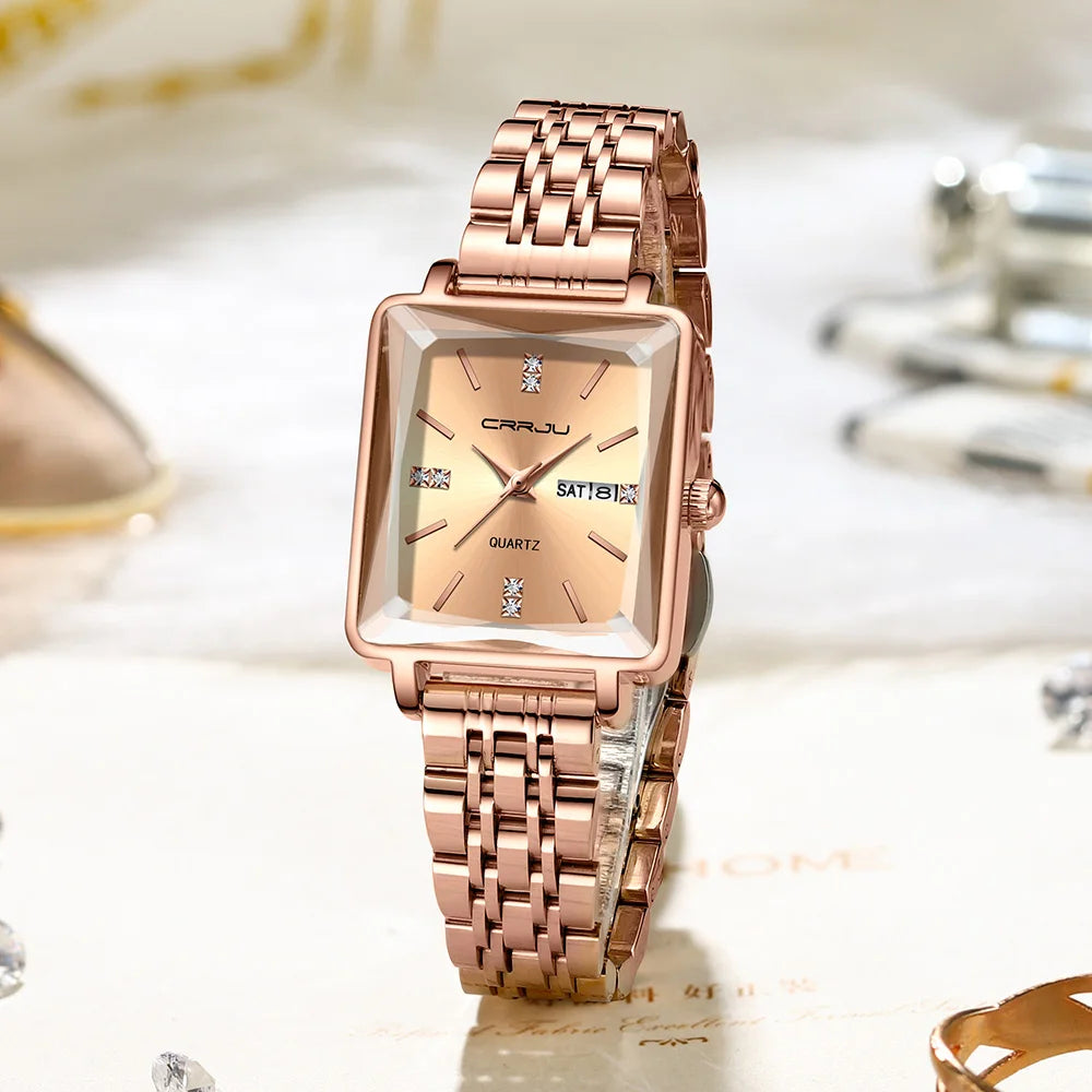 CRRJU Waterproof Women's Square Quartz Dress Watch Ladies Steel Bracelet Wristwatch with Date Relogio Feminin