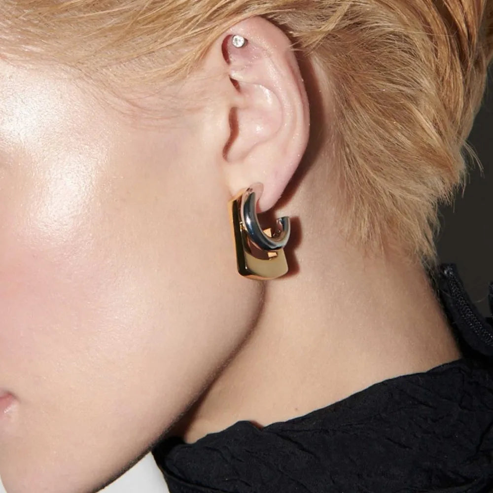 Geometric Double Round Stacking Earrings for Women Stainless Steel Dainty Gold & Silver C Shape Stud Earrings Wedding Jewelry