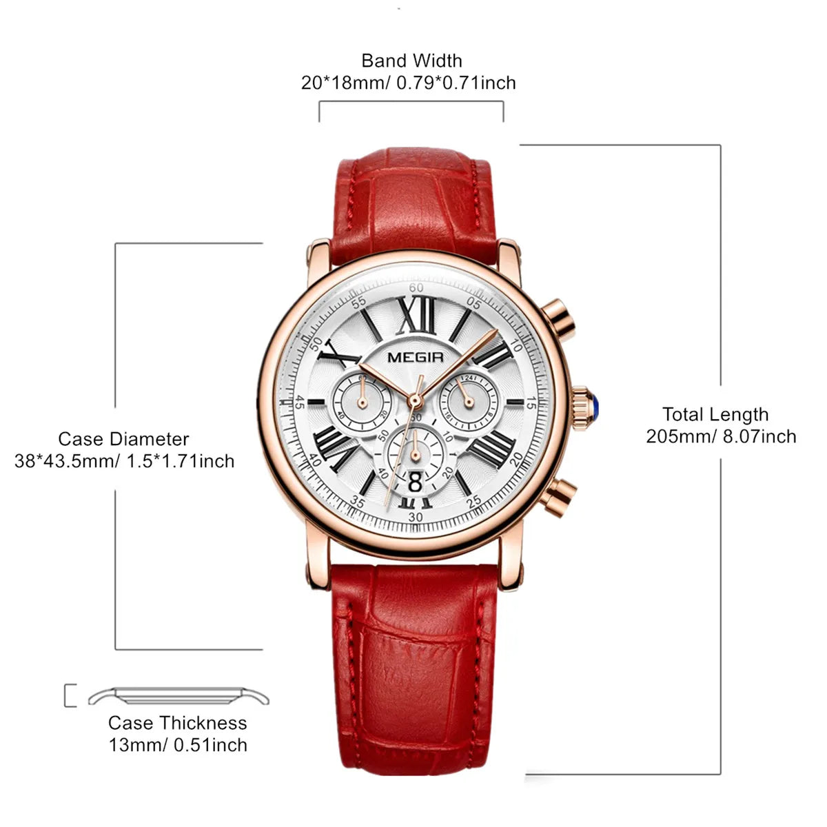 MEGIR Women Watches Luxury Quartz Chronograph Leather Strap Ladies Sports Wristwatch Female Dress Clock 24-hour Reloj Mujer 2058