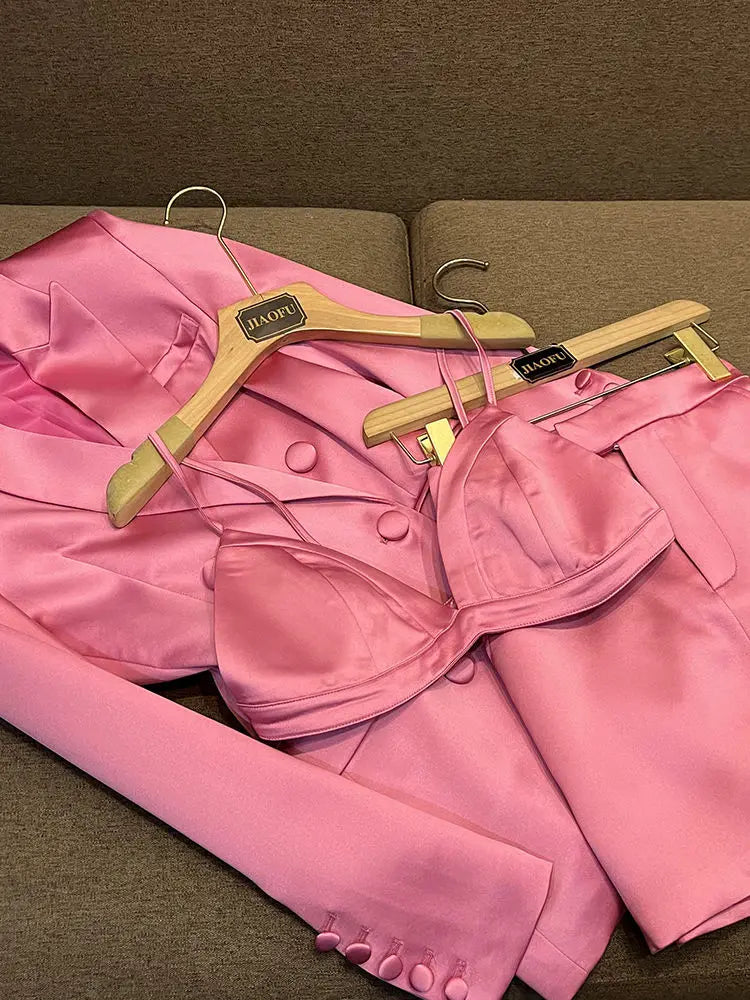 Pink Satin Slim Fit Blazer Hip-covering Skirt Fashionable Commuting Two-piece Set