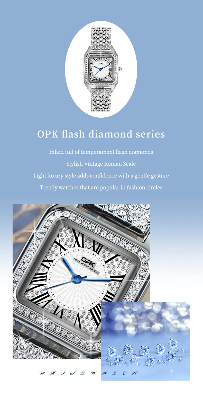 OPK brand full diamond waterproof Roman scale steel belt ladies quartz watch 8619