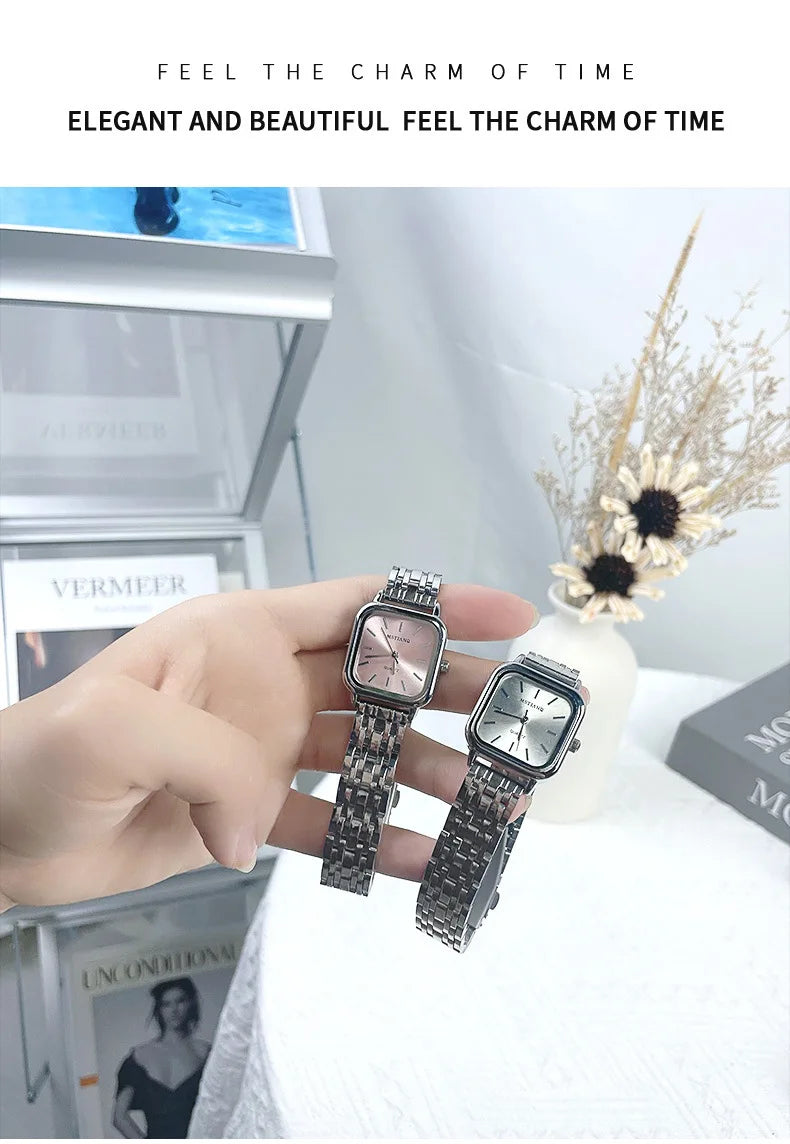 Stainless Steel Watch Women's Ins Style Simple Student Quartz Watch Casual Fashion Versatile Luxury Small Square Wristwatch