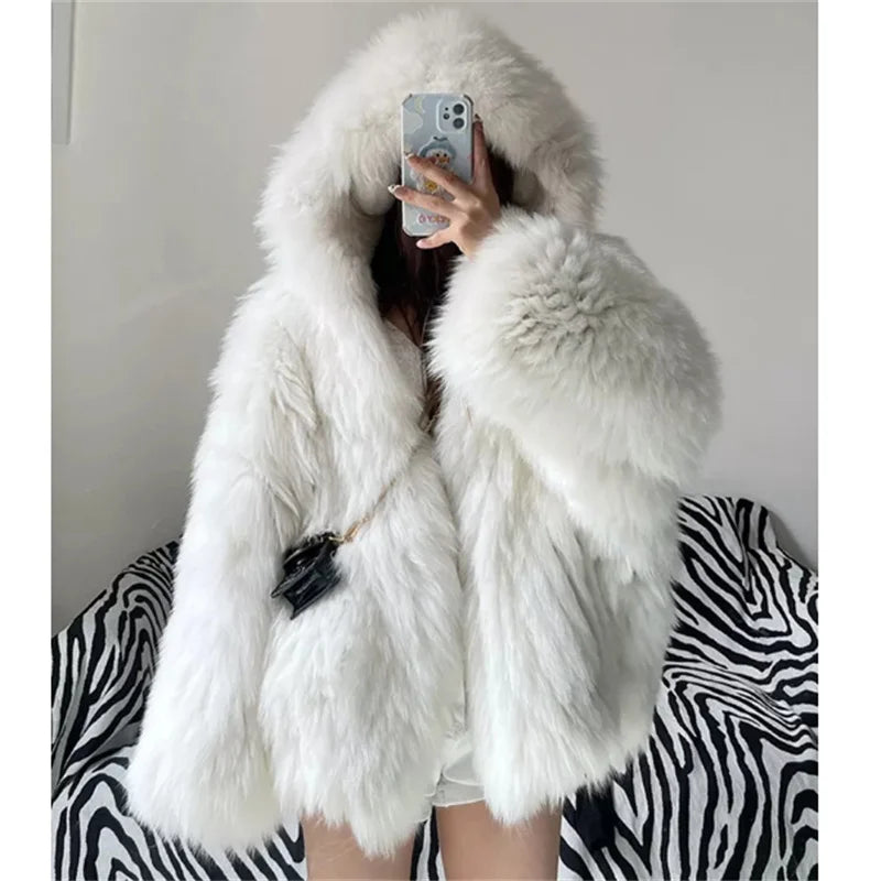ZXRYXGS Elegant Temperament Hooded Coat Women's Clothing Imitation Fox Fur Coat 2025 New Autumn Winter Jackets Black White
