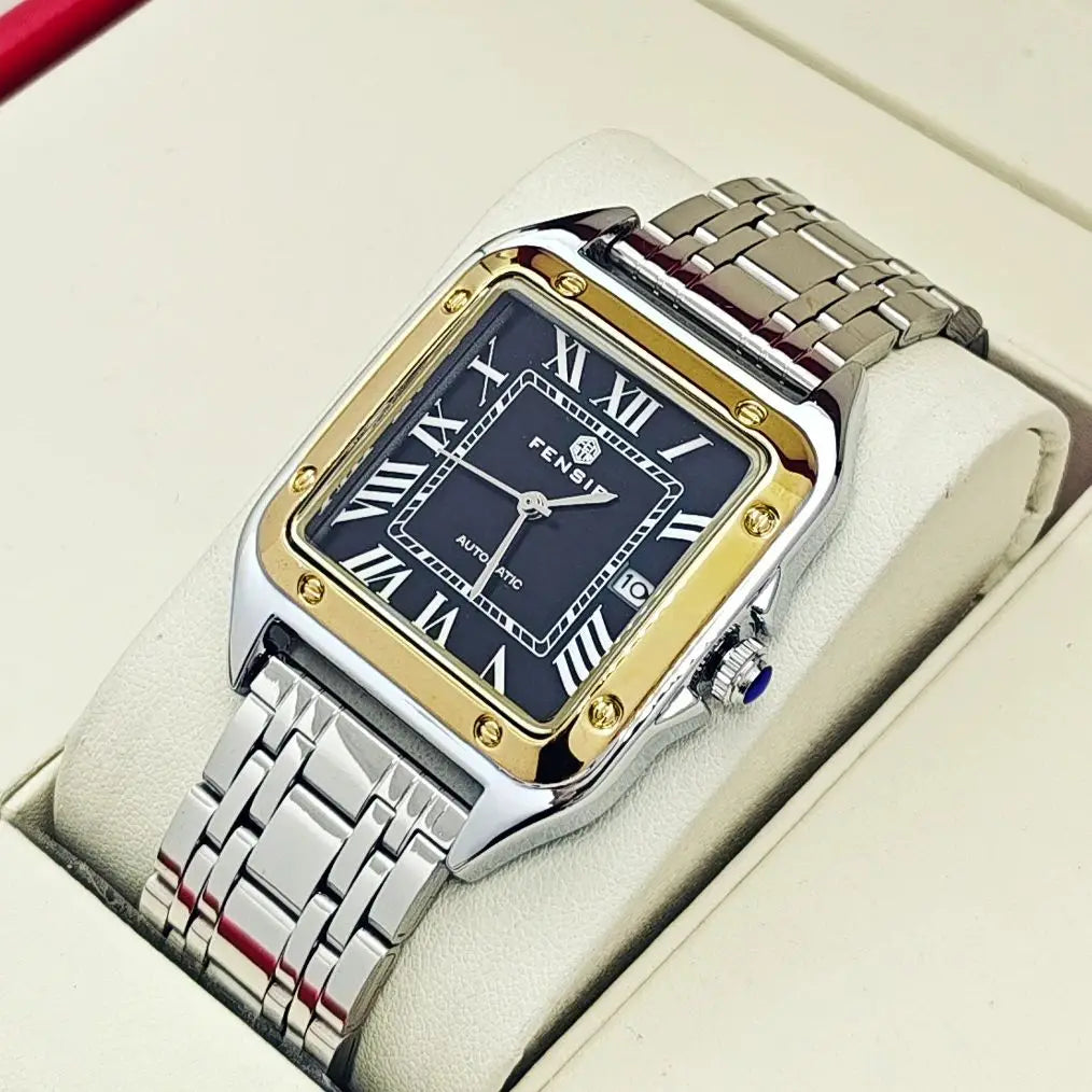 Luxury Santos Tank Watch for Men, Calendar Display, Stainless Steel Strap, High-End Luxury Small Square Men's Watch, Fashionable Business Casual Versatile Trendy Men's Wristwatch, the Best Gift for Him