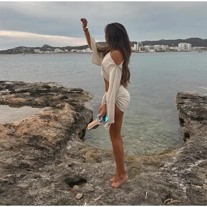 Women Solid Color Shawl Tops Mini Knot Skirt Suit Cotton Linen Comfort Skirts Set 2026 Spring Summer Lady Beach Holiday Outfit