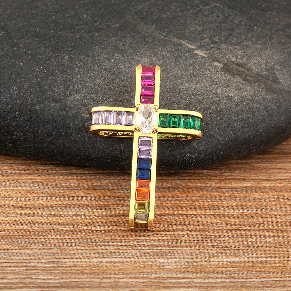 AIBEF Fashion Cross Shape Pendant Colorful Rhinestone Women Necklace Copper Zircon Stereoscopic Jewelry Christianity Unisex Gift