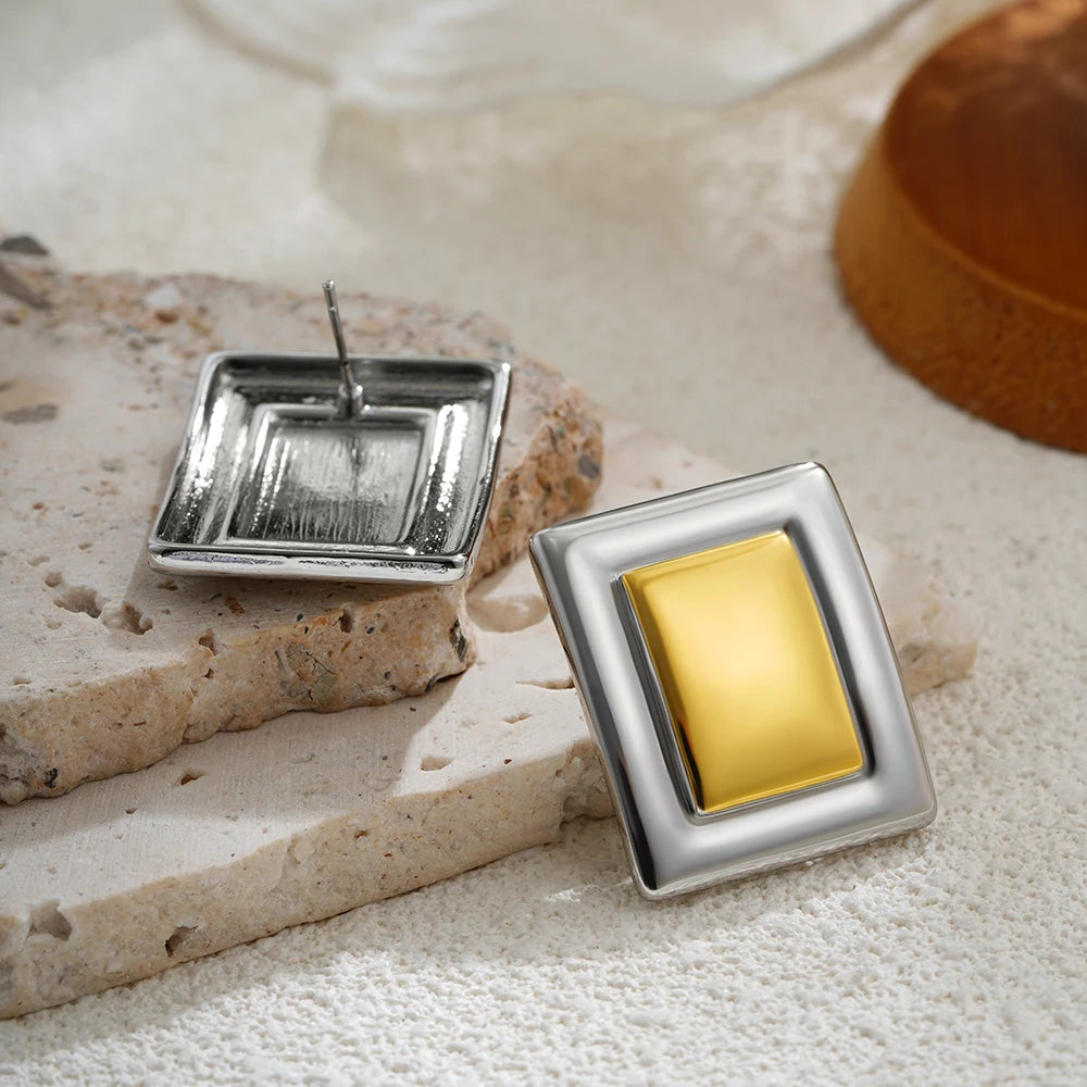 Retro Mixed Gold And Silver Square Earrings Women's Gold Plated Stainless Steel Geometric Waterproof Jewelry