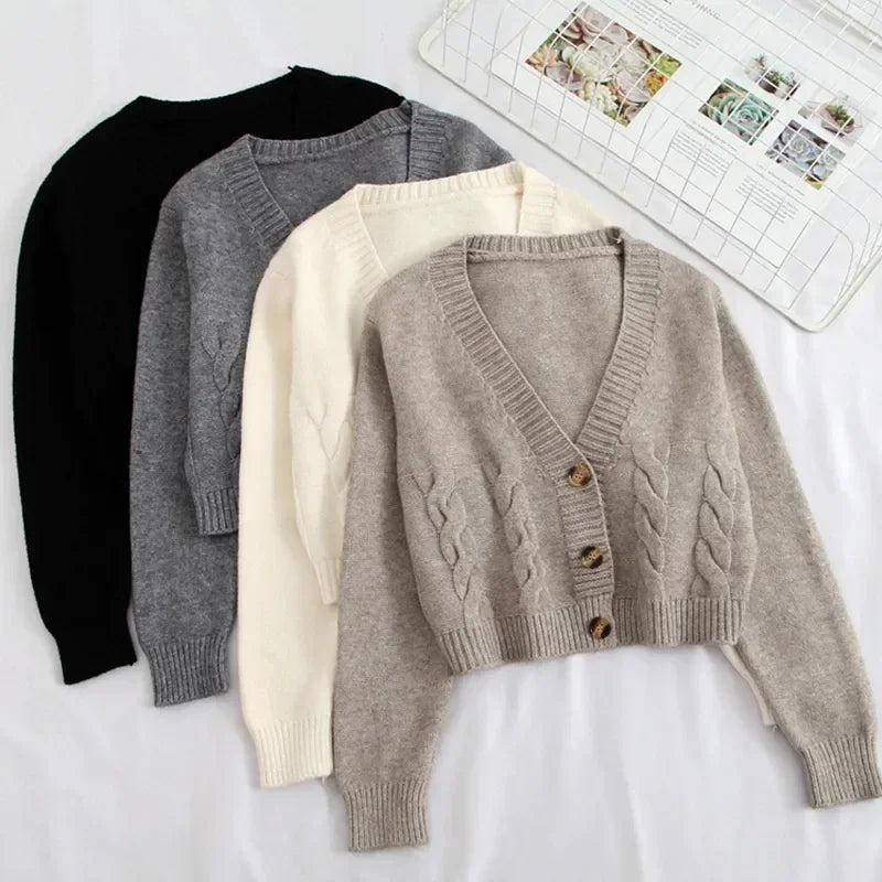2025 V Neck Cropped Cardigan Women Long Sleeve Twist Knitted Sweater Coats Autumn Winter Keep Warm Korean Fashion Cardigan