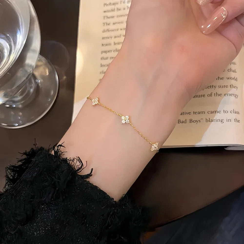 New Stainless Steel Zircon Necklaces for Women 18K Gold Plated Four Leaf Grass Collar Chain Necklace Luxury Jewelry Gift