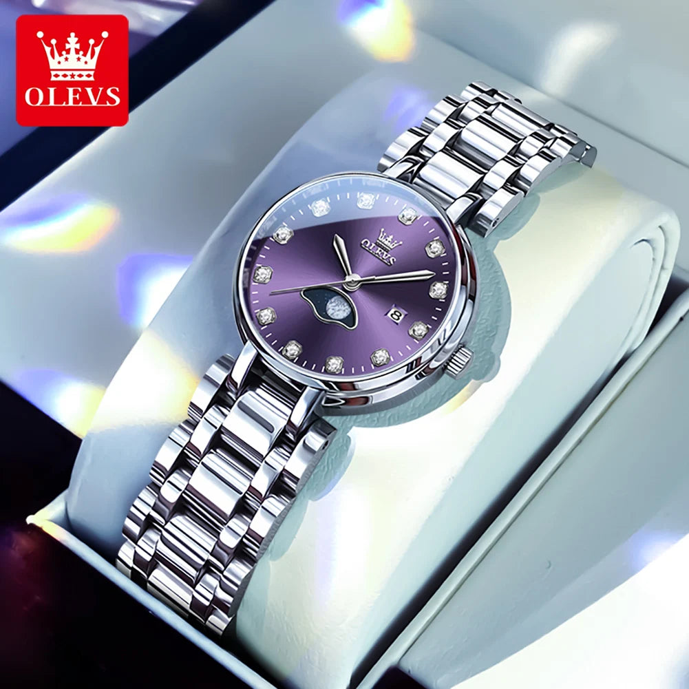 OLEVS Diamond Time Purple Moon Phase Dial Women Watches Luxury Brand New Fashion Women Quartz Watch Steel Waterproof Dress Watch