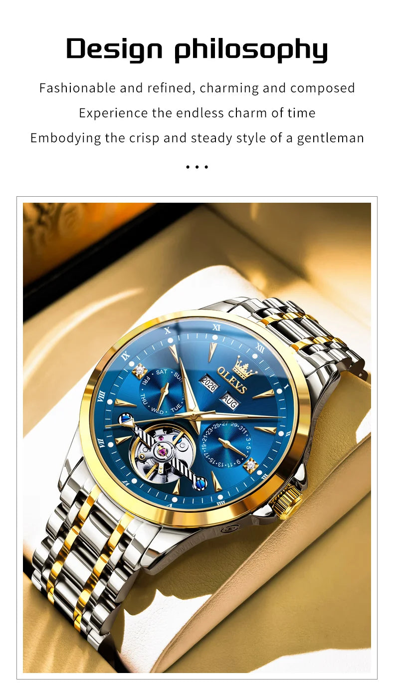 OLEVS Automatic Man Watch Skeleton Flywheel Luxury Original Mechanical Wristwatch Waterproof Stainless Steel  Men's Watches 7091