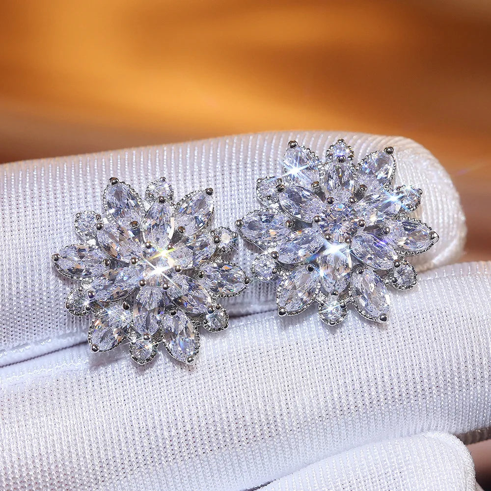 Cute Big AAAAA Bling Cubic Zirconia 925 Silver Needle Stud Earrings Fashionable Flower Earring for Women Jewelry Gift Brincos