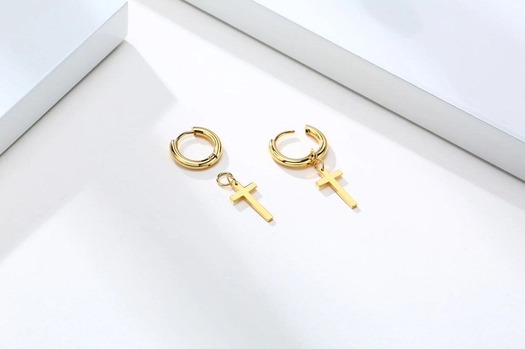 Dainty Minimalist Gold Color Dangling Cross Shaped Charm Huggie Pierced Hoop Earrings For Guy Men Women Jewelry