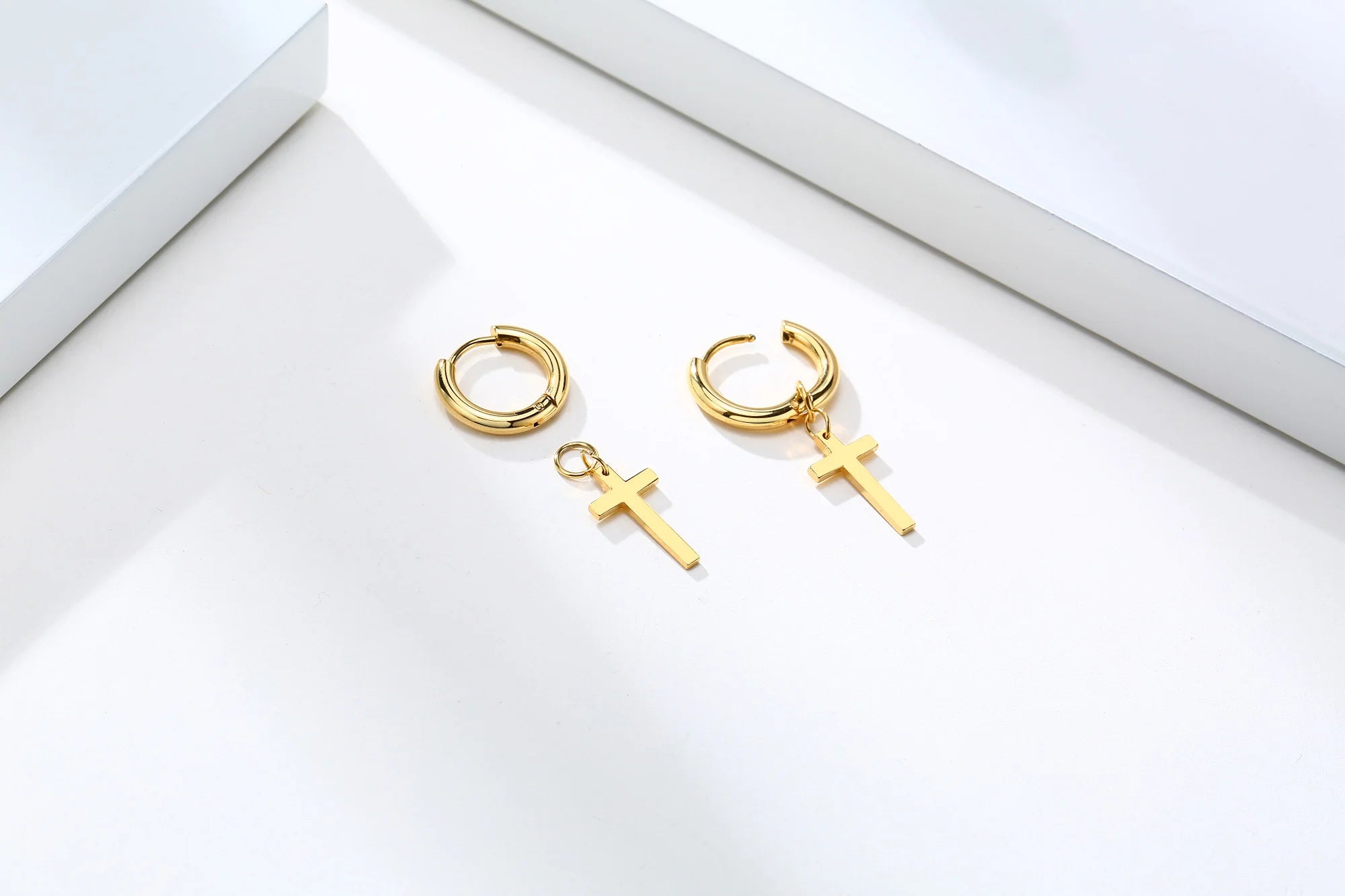 Dainty Minimalist Gold Color Dangling Cross Shaped Charm Huggie Pierced Hoop Earrings For Guy Men Women Jewelry