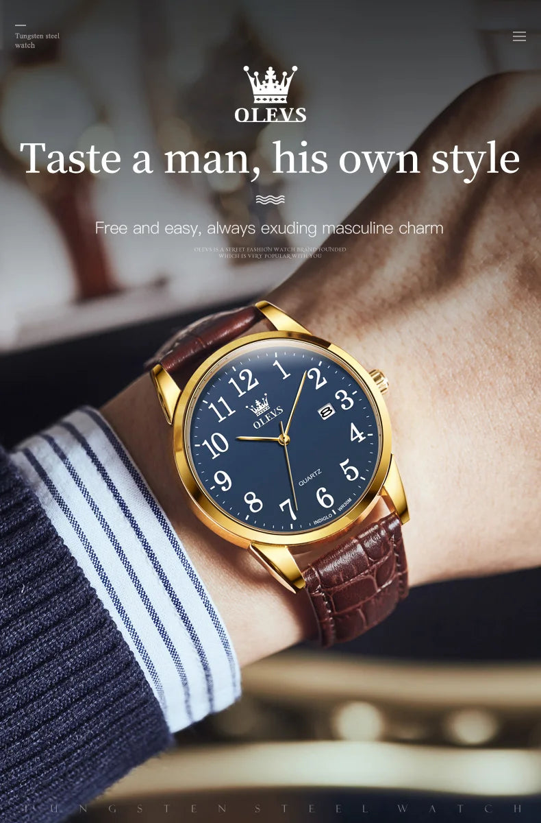 OLEVS 5566 Fashion Quartz Watch for Men and Women Leather Strap Waterproof Original Watch Arabic Numeral Scale Giving to Elders