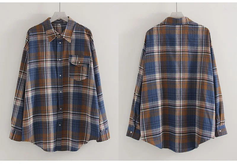 Streamgirl Oversized Plaid Shirt Women 2026 Spring Loose Vintage Long Shirts Full Sleeve Women Plaid Brown Oversized Shirt Blue