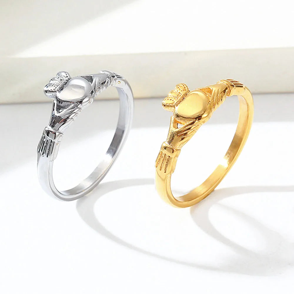 Stainless Steel Irish Claddagh Ring Heart Crown Wedding Promise Band for Women Men