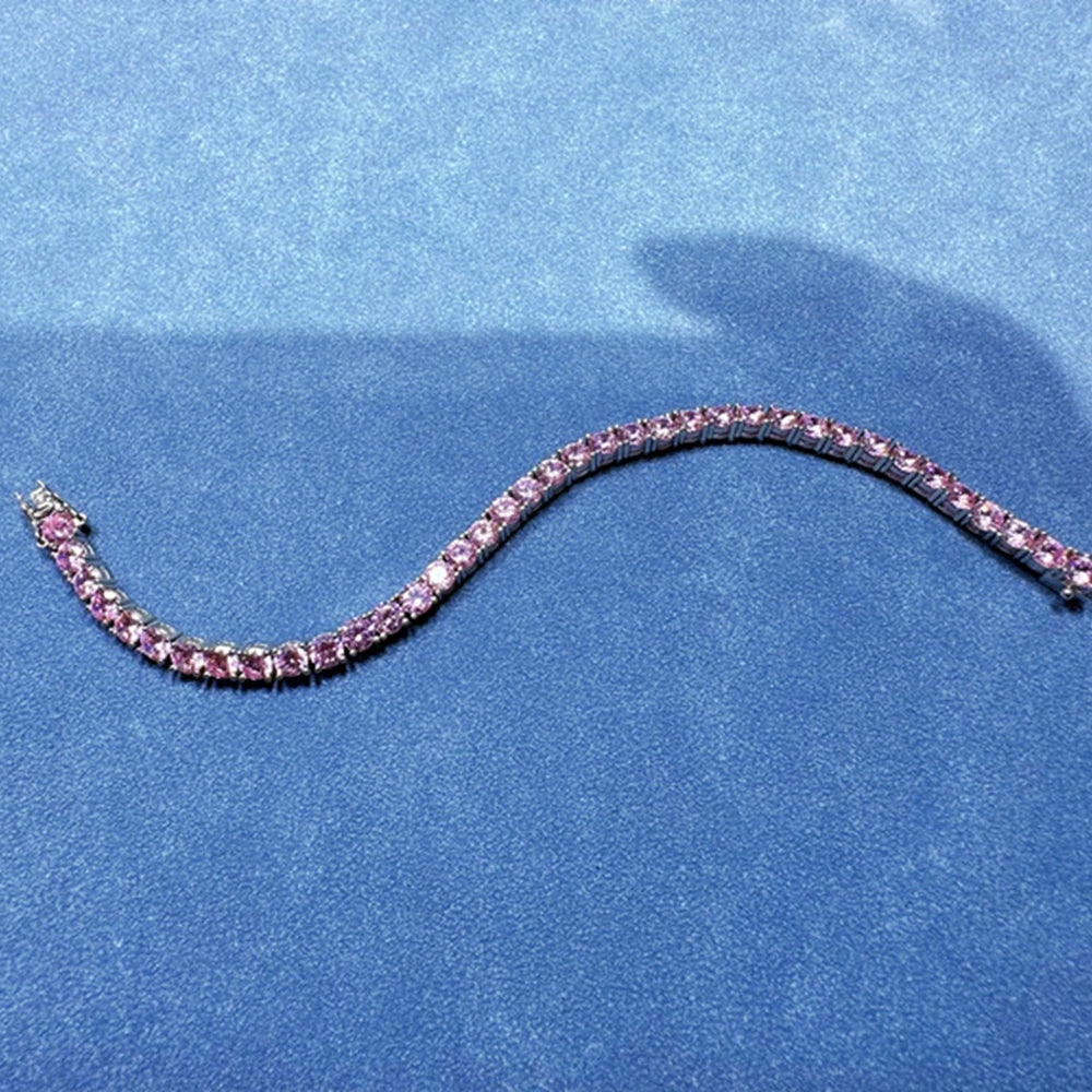 Wong Rain Solid 925 Sterling Silver 5MM Lab Pink Sapphire High Carbon Diamonds Gemstone Tennis Chain Bracelets Fine Jewelry
