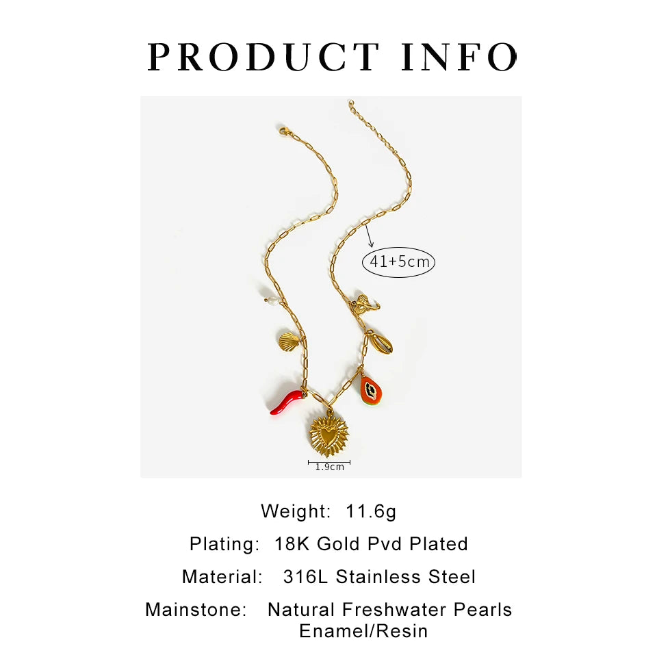Peri'sbox Boho 18K Gold Plated Freshwater Pearl Red Enamel Pepper Shell Heart Pendant Necklace Women Beach Party Gift Waterproof