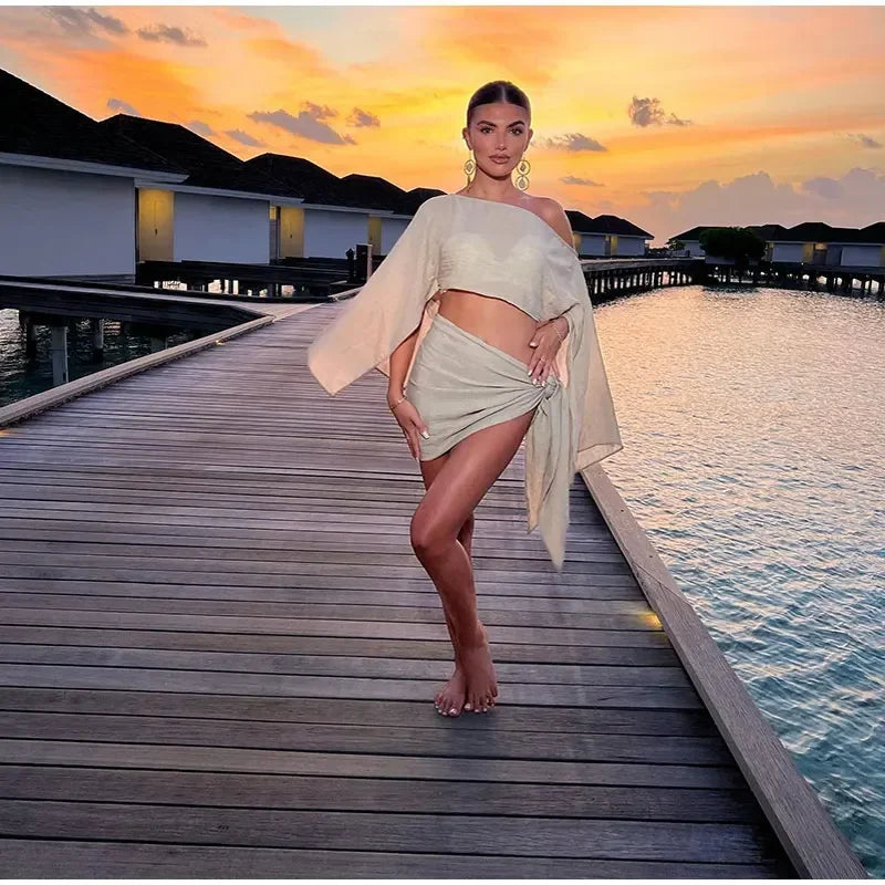Women Solid Color Shawl Tops Mini Knot Skirt Suit Cotton Linen Comfort Skirts Set 2026 Spring Summer Lady Beach Holiday Outfit
