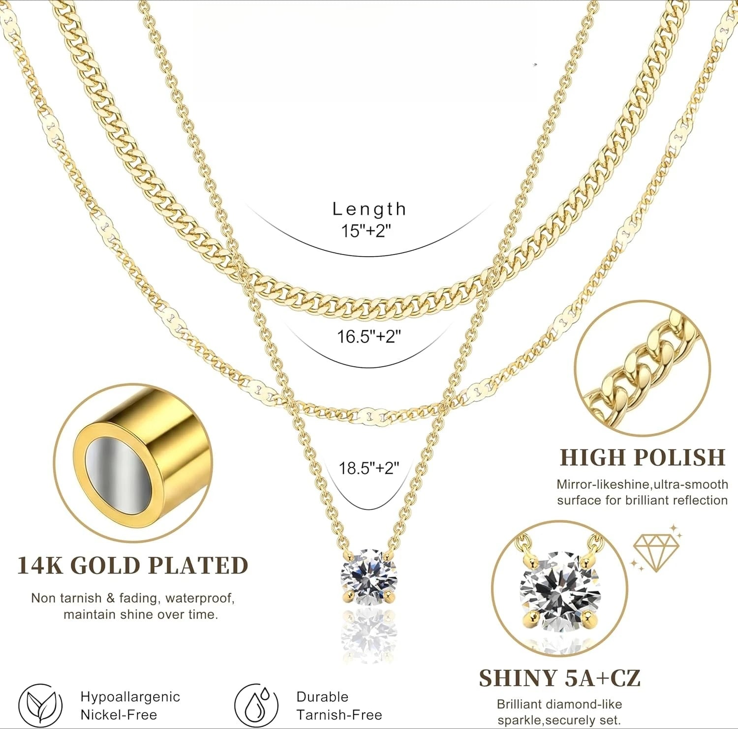14K Gold Dainty Pendant Necklace for Women Non Tarnish, Stackable Cuban Chain Choker, Birthstone Jewelry Gift