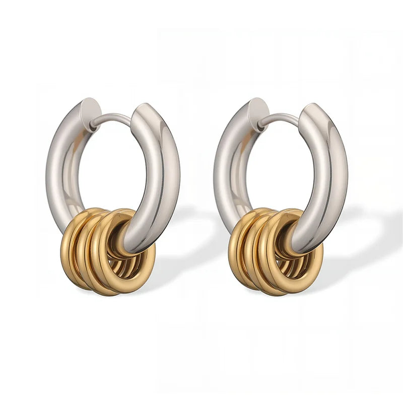 Stainless Steel Three Ring Huggie Earrings for Women Gold Plated Metal Geometric Round Circle Hoop Earrings Minimalist Jewelry