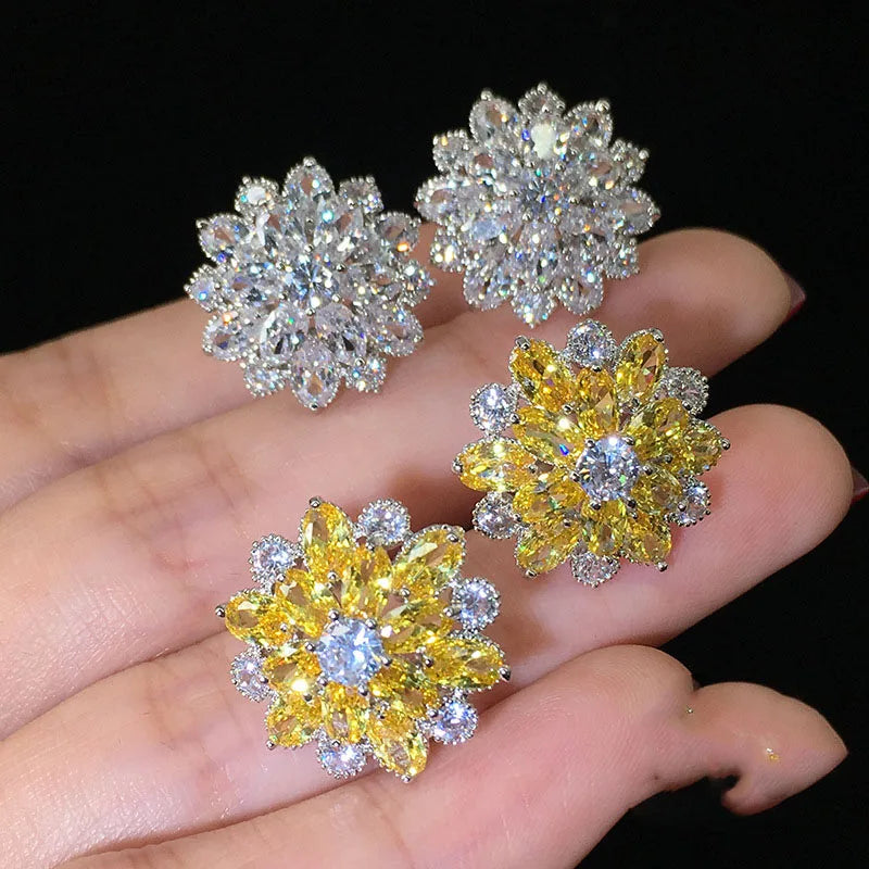 Cute Big AAAAA Bling Cubic Zirconia 925 Silver Needle Stud Earrings Fashionable Flower Earring for Women Jewelry Gift Brincos