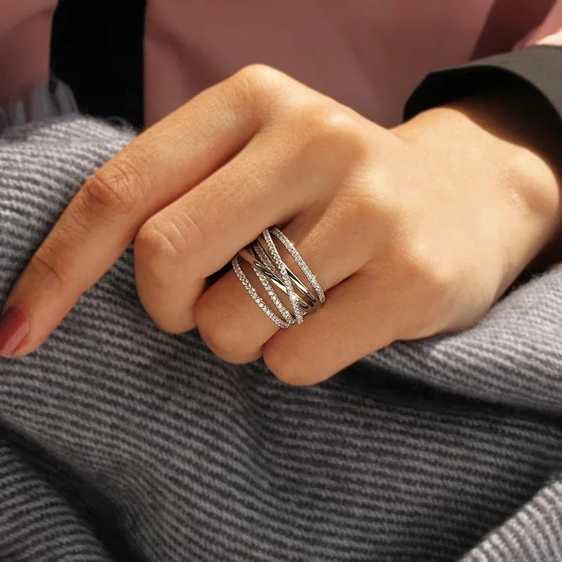 Huitan Silver Color Multi-cross Design Rings for Women Full AA Cubic Zirconia Modern Fashion Female Rings Wedding Party Jewelry