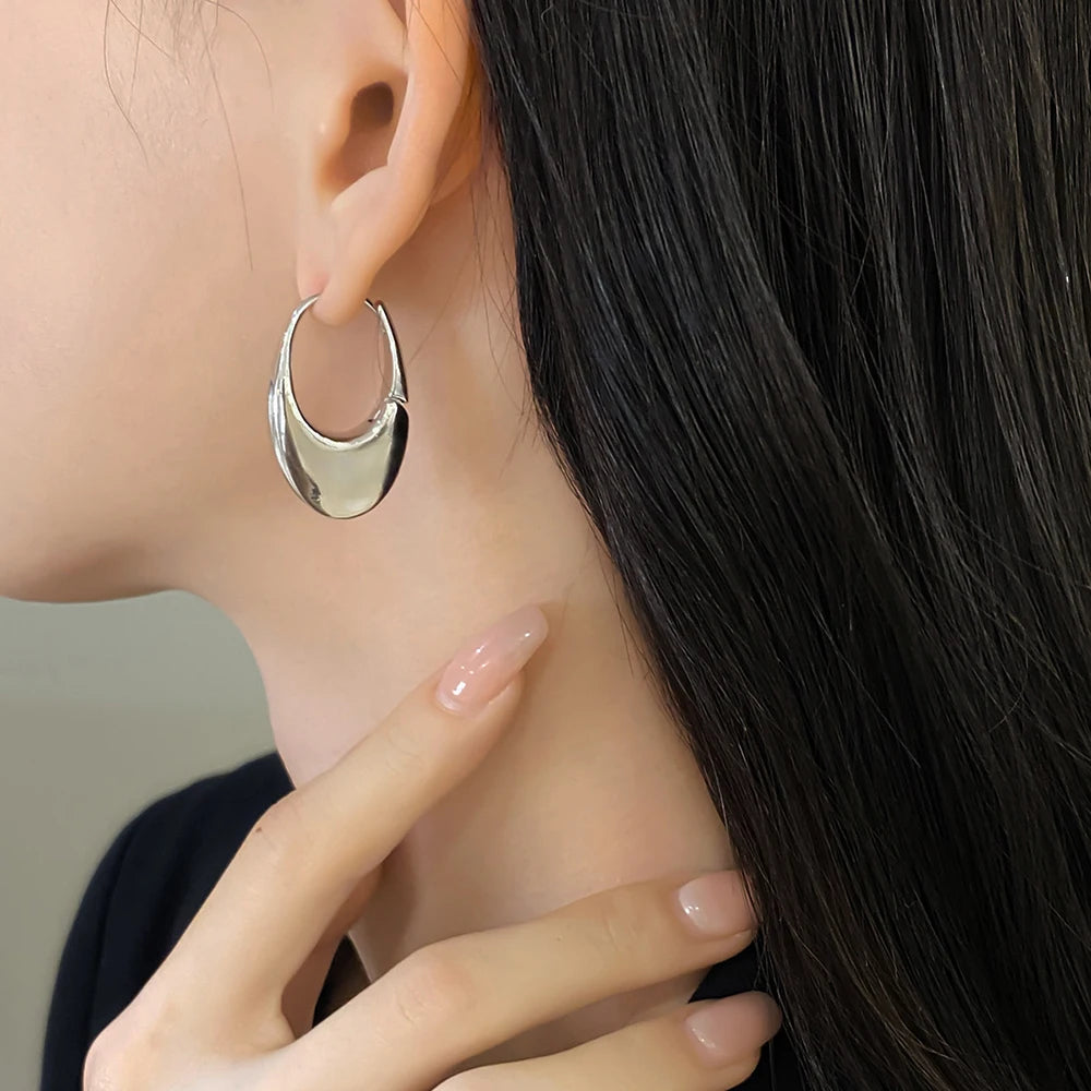 Smooth Metal Chunky Hoop Earrings for Women Girls Fashion Round Elliptic Hollow Circle Hoops Statement Earrings Punk OL Jewelry