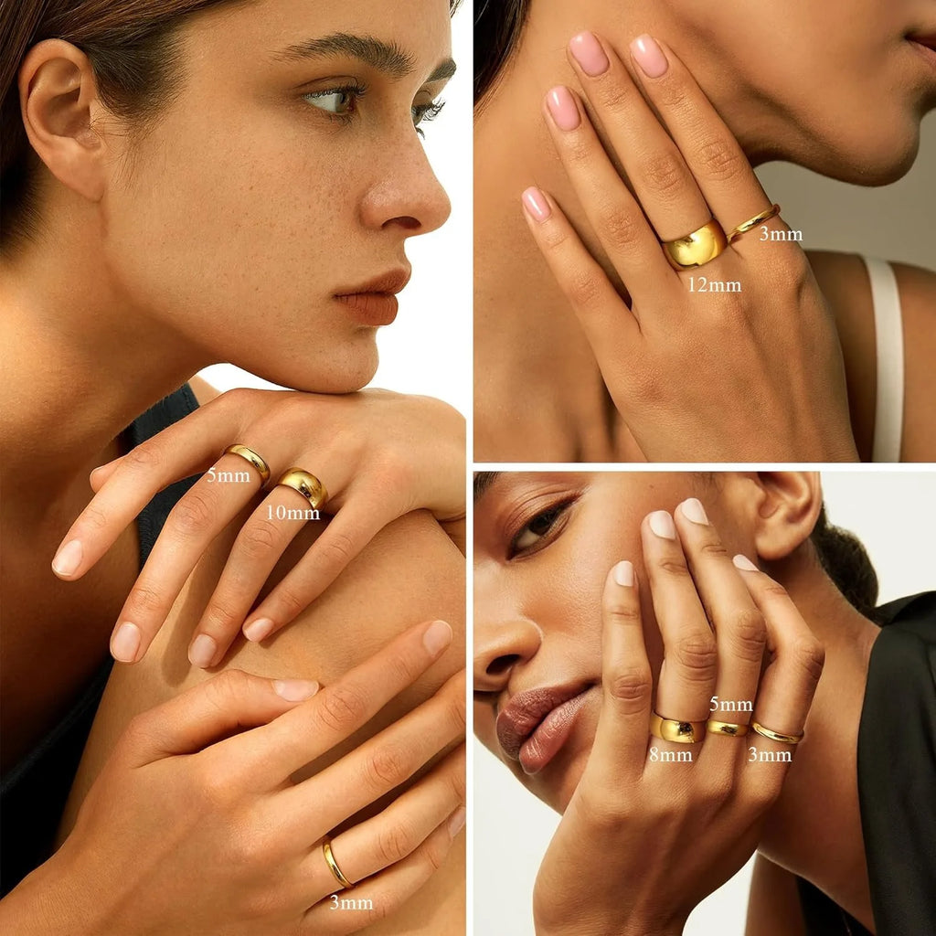 14K Gold Plated Ring for Women Men Thick Thin Pinky Thumb Ring Wedding Band Ring Non Tarnish Plain Domed Comfort Fit Size 6 -10