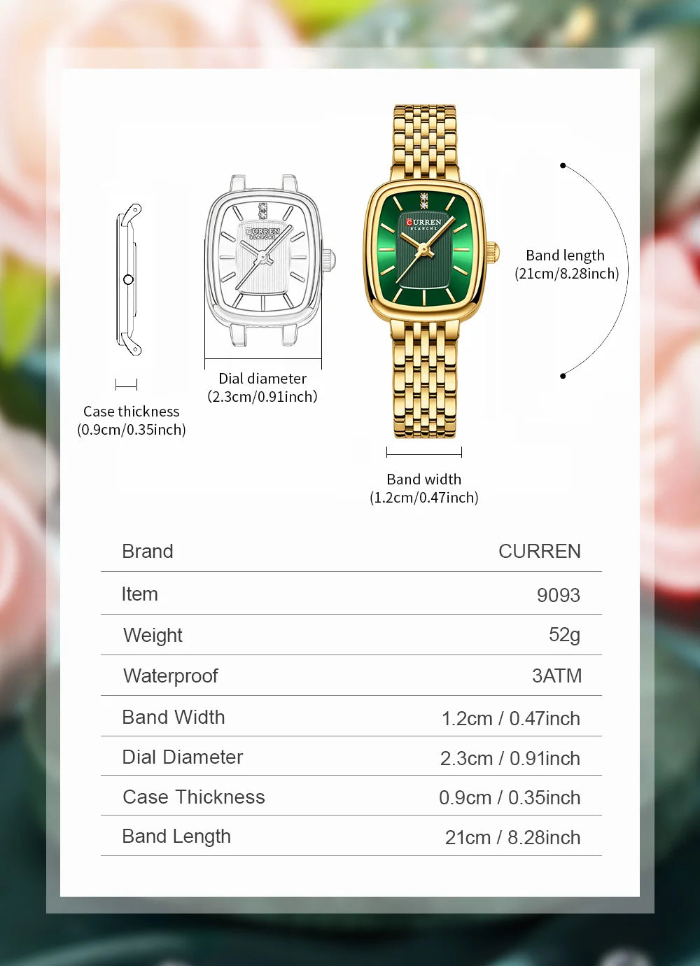 CURREN 9093 Women's Square Waterproof Watch; Simple Casual Women's Watch; Fashionable Women's Watch Ladies' wristwatch
