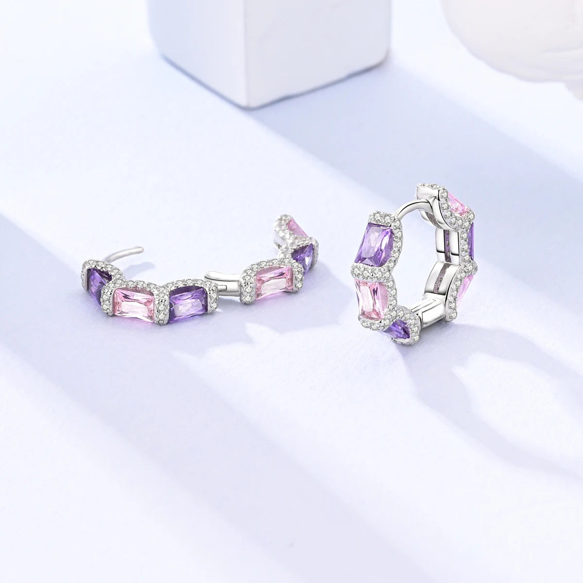 925 Sterling Silver Pink Purple Square CZ Huggie Hoop Earrings for Women Sparkling Luxury Elegant Evening Party Jewelry