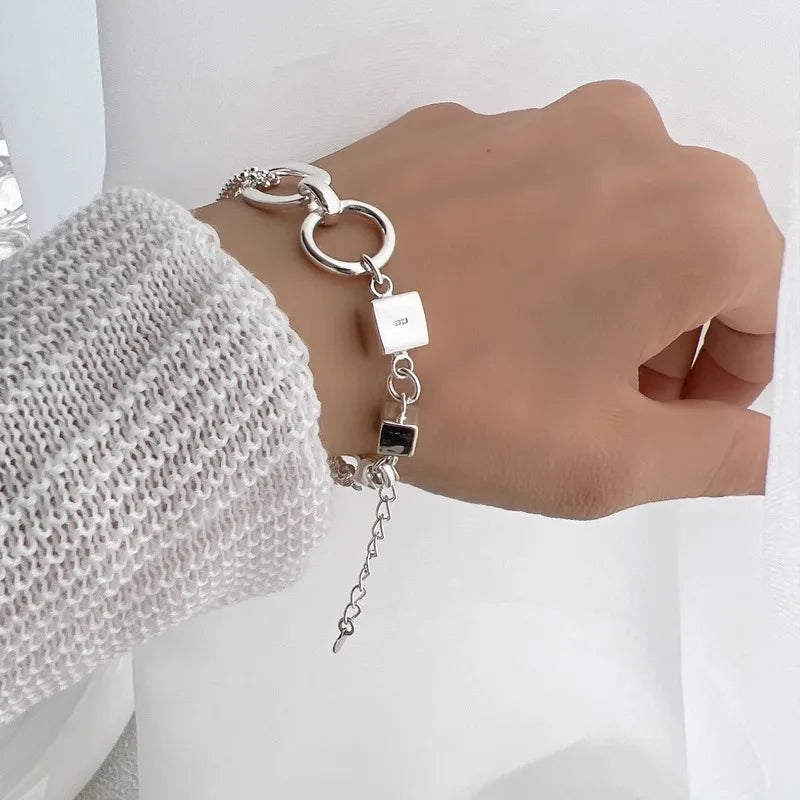 PANJBJ 925 Sterling Silver Geometry Hollow Out Bracelet For Women Asymmetric Originality Adjustable Punk Jewelry Gift Dropship