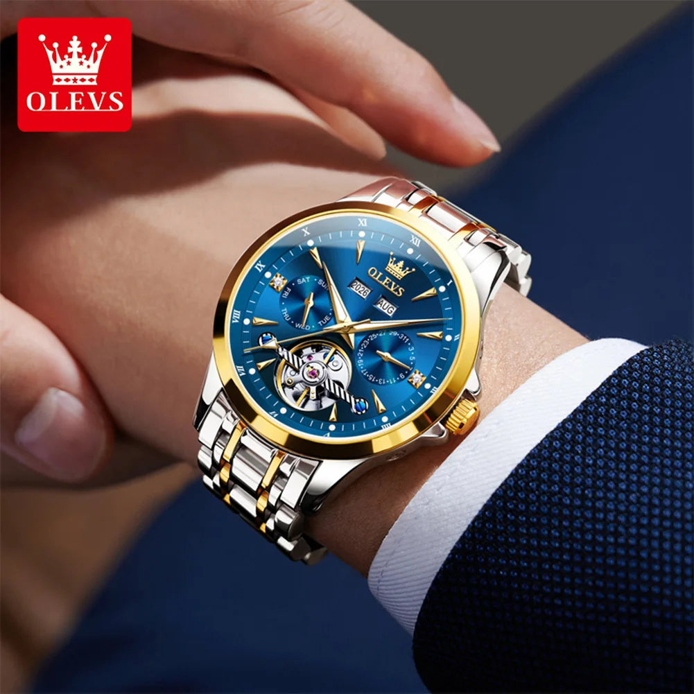 OLEVS Automatic Man Watch Skeleton Flywheel Luxury Original Mechanical Wristwatch Waterproof Stainless Steel  Men's Watches 7091