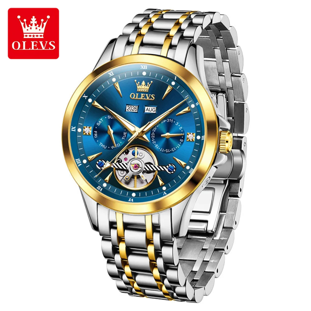 OLEVS Automatic Man Watch Skeleton Flywheel Luxury Original Mechanical Wristwatch Waterproof Stainless Steel  Men's Watches 7091
