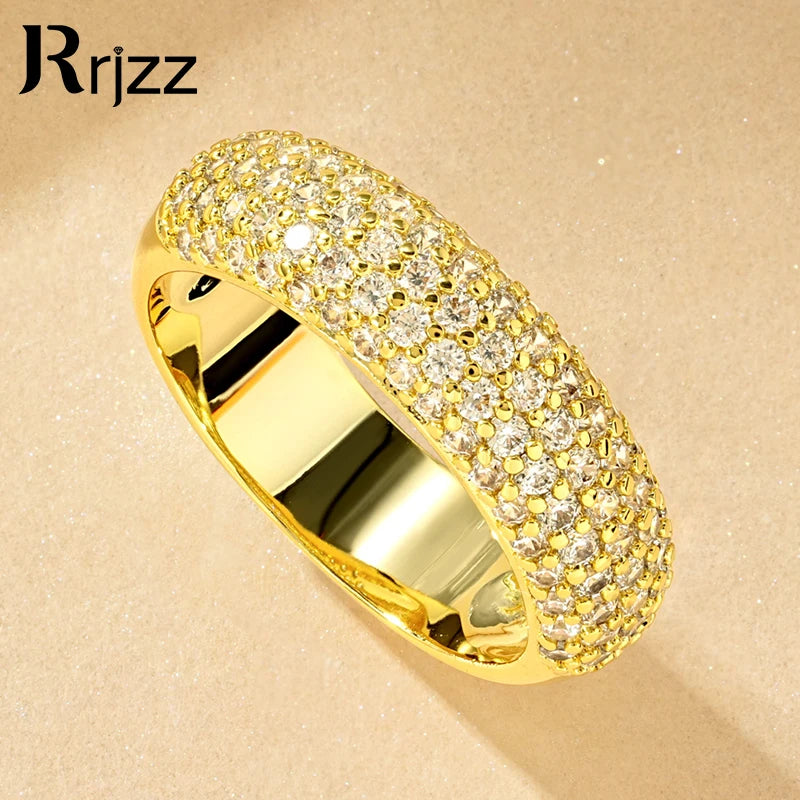 Rrjzz Exquisite Micro CZ Simulated Diamond Band Ring 14k Gold-Plated Couple Rings Luxury Jewelry for Women Men Anniversary Gift
