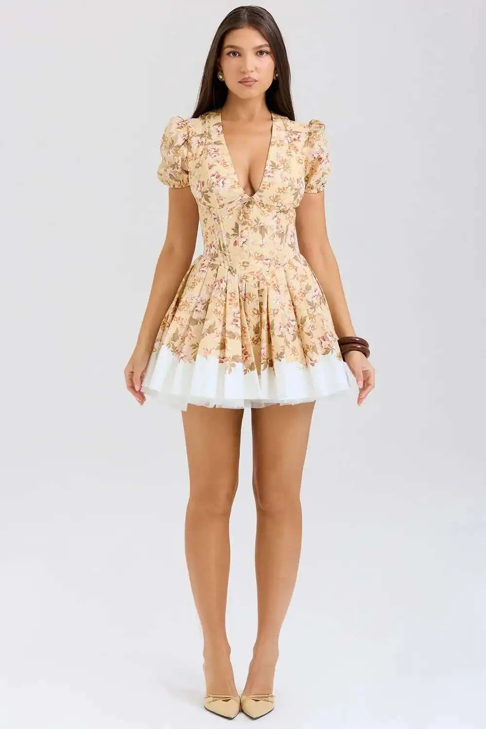 Townlike Patchwork Print Waiist Wrap A-line Pleated Dress Women Mini 2024 Summer Dress V Neck Nightclub Sexy Party Dresses