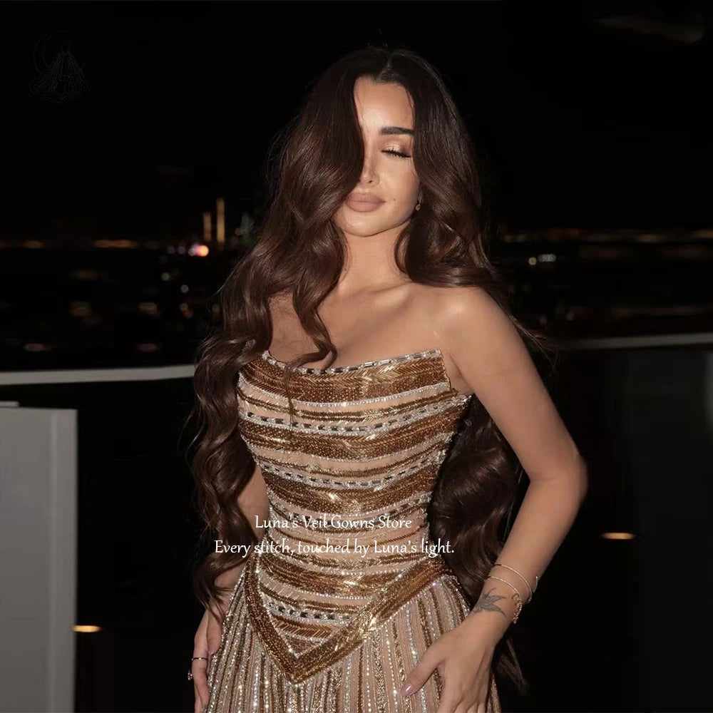 LunaV Luxury Glamorous Strapless Sweetheart Sequin Striped Beaded Tulle Mesh Sheer Design Evening Gown Prom Wedding Formal Party
