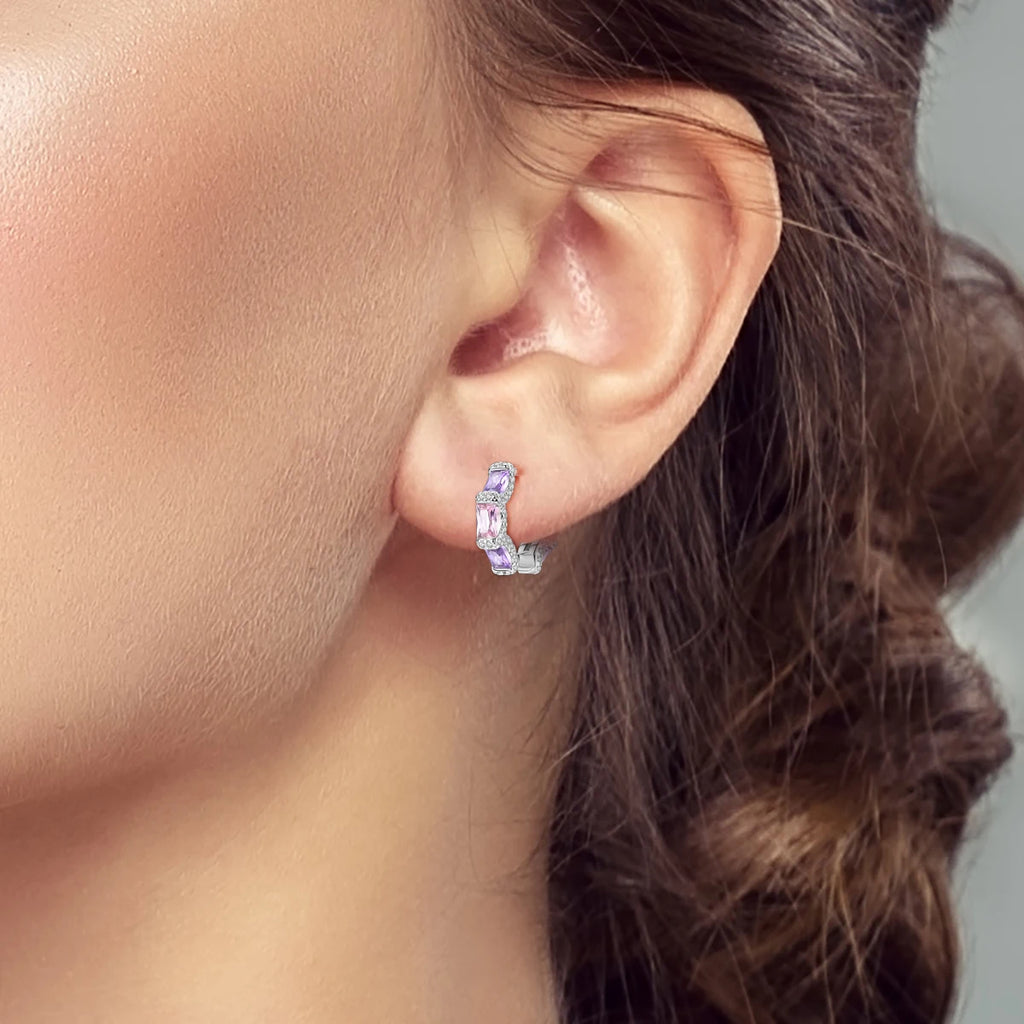 925 Sterling Silver Pink Purple Square CZ Huggie Hoop Earrings for Women Sparkling Luxury Elegant Evening Party Jewelry