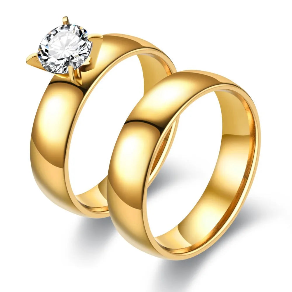 New Style Fashion Gold Plated Zircon Stainless Steel Couple Rings For Women Men Engagement Ring Valentine Day Gift Size 6-12