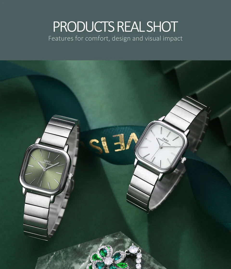 IBSO 2022 New Women Quartz Watches Waterproof Japanese Movement Stainless Steel Strap Square Dial Elegant Female Wristwatches
