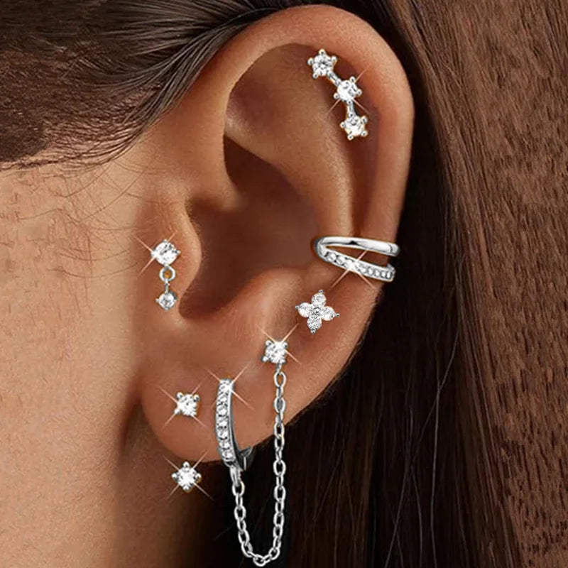 6PCS Huggie Hoop Earring Set For Women Fashion Chain Stud Earrings Tragus Piercing Girls Cartilage Helix Jewelry Lobe Earing Lot