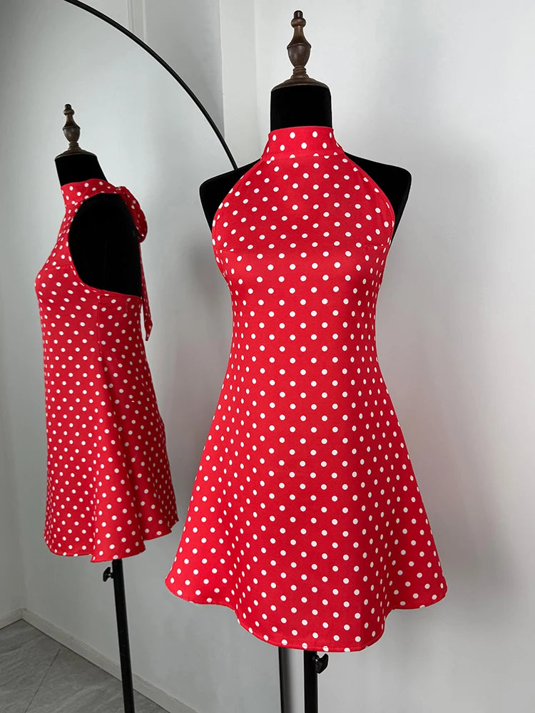 Tuularose Fashion Polka Dot Dress Vintage High Waist Sleeveless Backless Neck Lace-up Dress Sexy Party Luxury Women Dresses Y2k