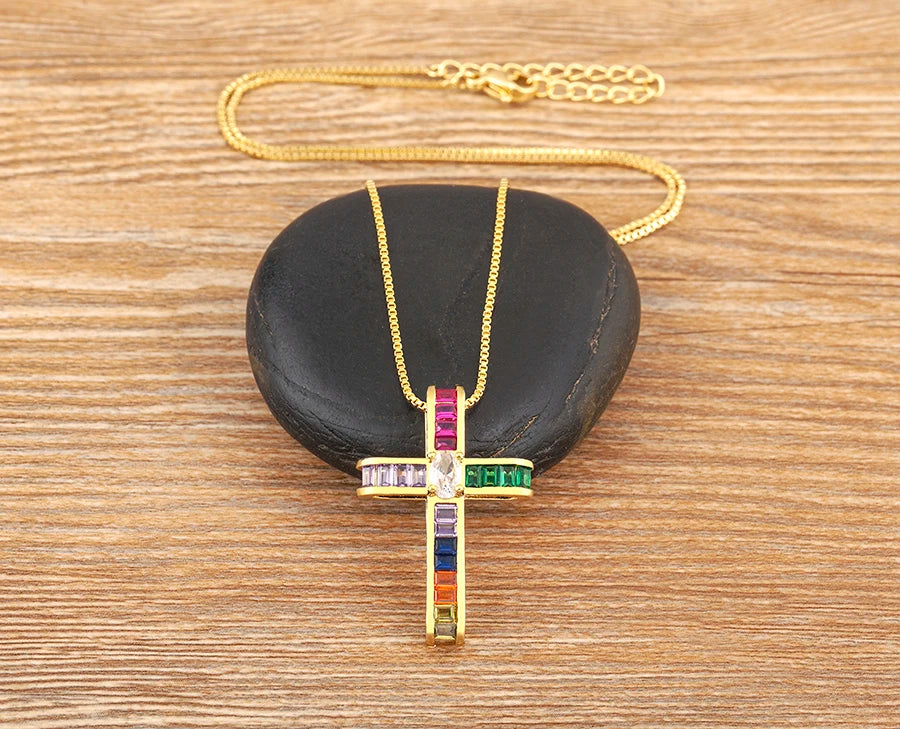 AIBEF Fashion Cross Shape Pendant Colorful Rhinestone Women Necklace Copper Zircon Stereoscopic Jewelry Christianity Unisex Gift