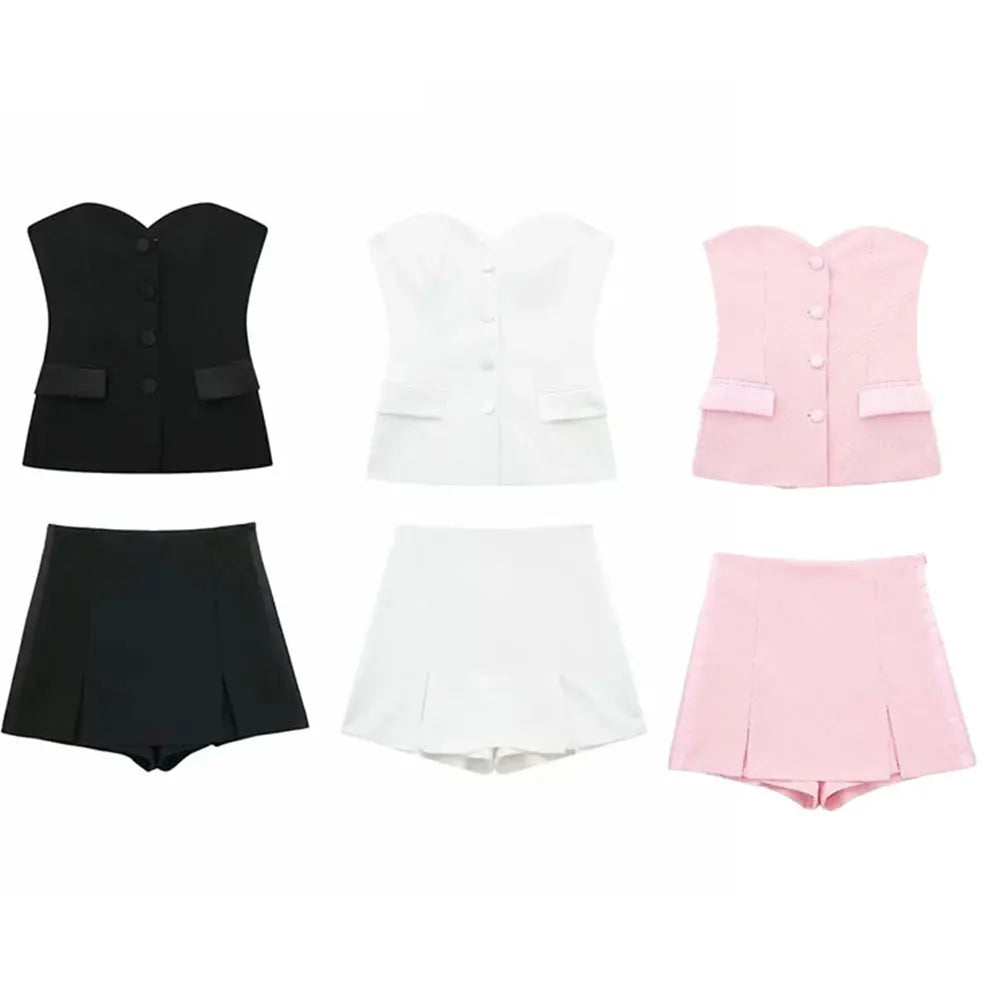 HH Summer Women's Short and Unique Tight Bra 2-piece Set Vintage Elegant Women's High Waist A-line Slim Fit Short Skirt Set